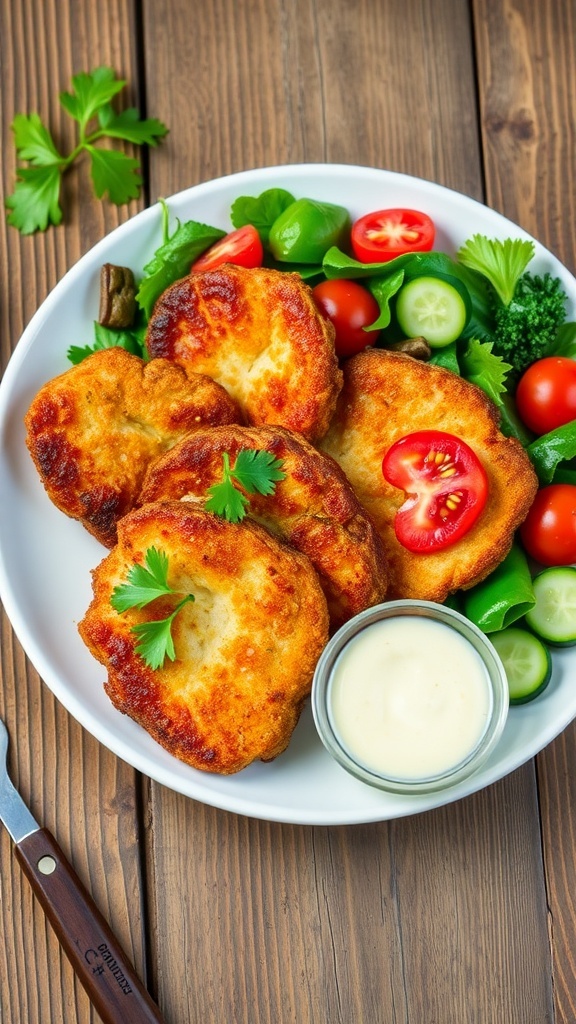 Crispy air fryer pork cutlets served with a fresh salad and dipping sauce on a rustic table.